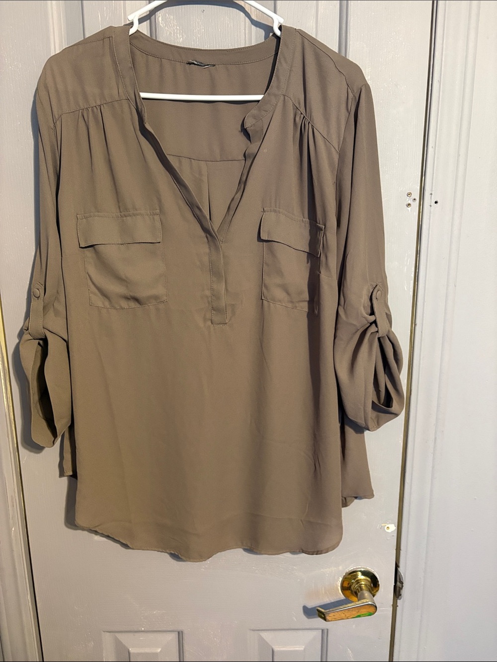 Relaxed Roll-Sleeve Women's Blouse - Taupe